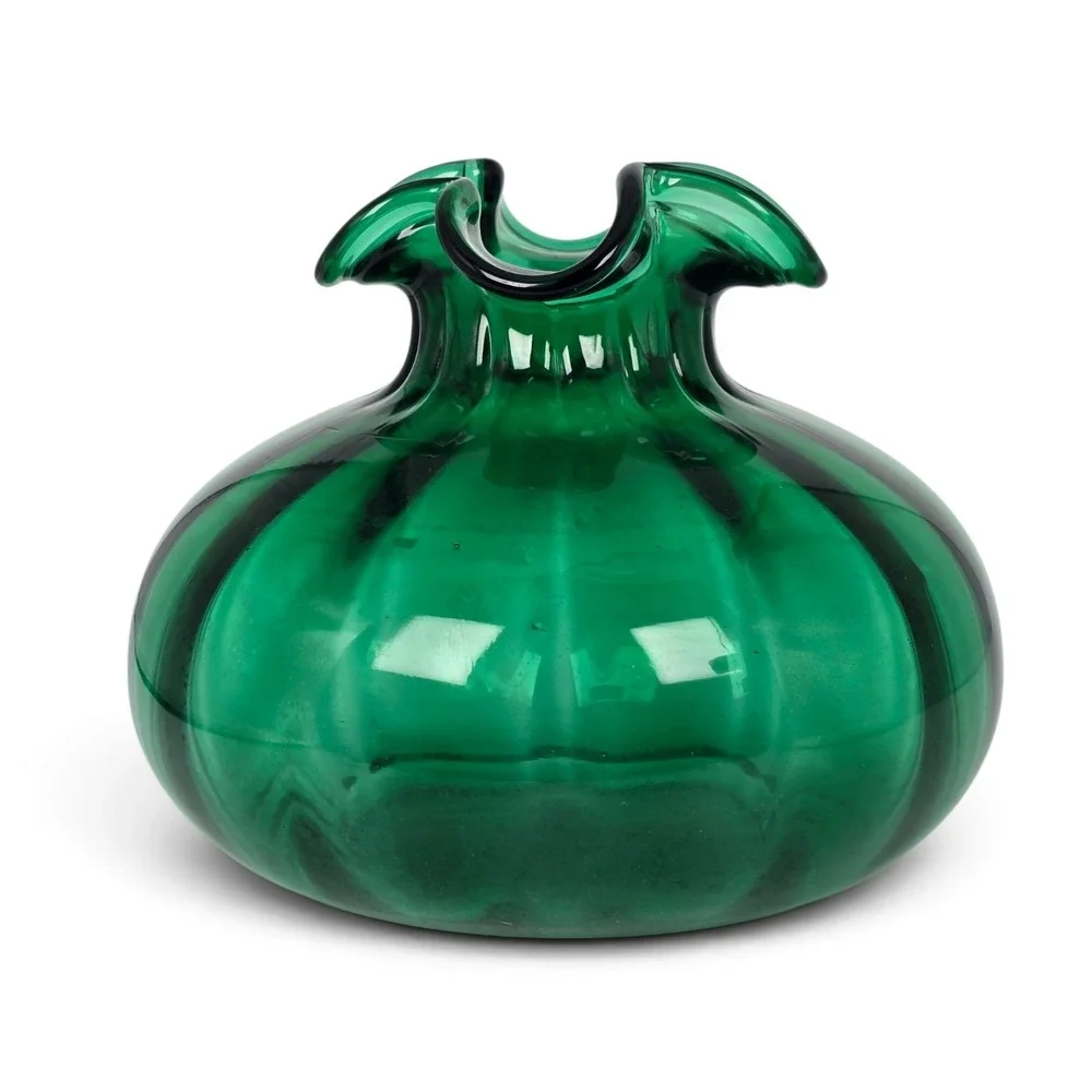 Vintage 1940s Beacon Glass Emerald Green Onion Vase Ruffled Rim Hand Blown